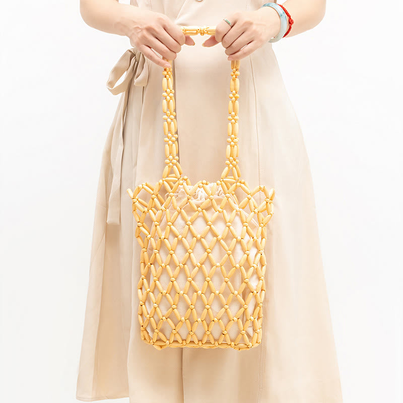 Borsa a tracolla con perline di legno intrecciate a mano , Buddha Stones