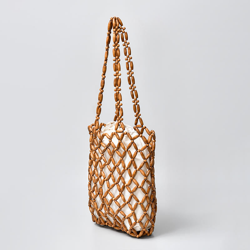 Borsa a tracolla con perline di legno intrecciate a mano , Buddha Stones