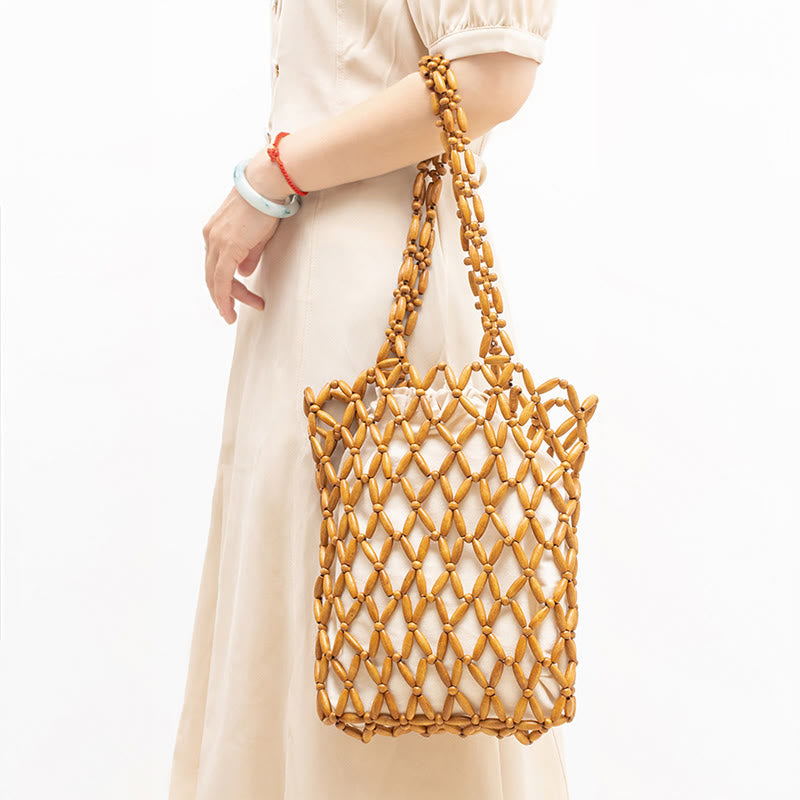 Borsa a tracolla con perline di legno intrecciate a mano , Buddha Stones