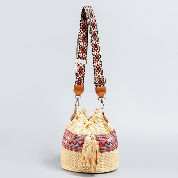 Borsa a tracolla con nappe, motivo : Buddha Stones Beach Geometry, in paglia intrecciata