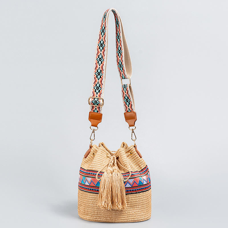 Borsa a tracolla con nappe, motivo : Buddha Stones Beach Geometry, in paglia intrecciata