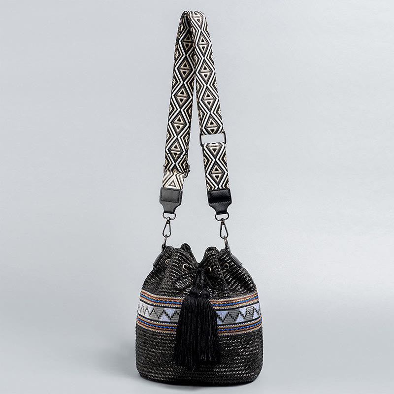 Borsa a tracolla con nappe, motivo : Buddha Stones Beach Geometry, in paglia intrecciata