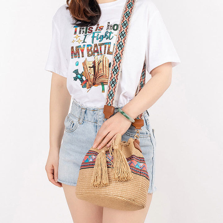 Borsa a tracolla con nappe, motivo : Buddha Stones Beach Geometry, in paglia intrecciata