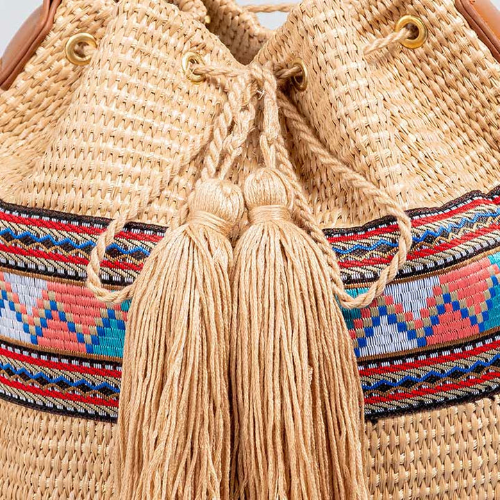 Borsa a tracolla con nappe, motivo : Buddha Stones Beach Geometry, in paglia intrecciata