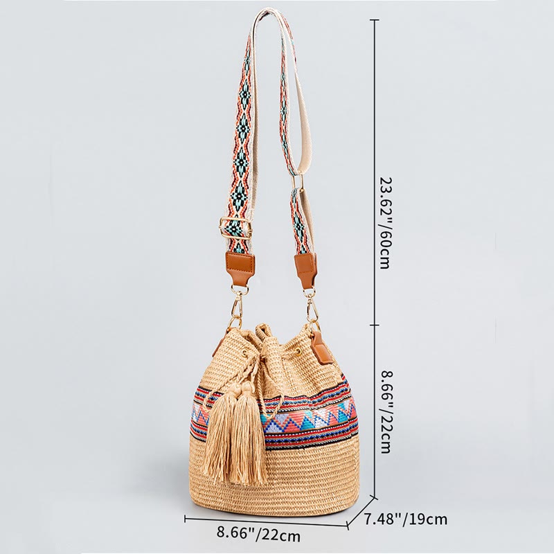 Borsa a tracolla con nappe, motivo : Buddha Stones Beach Geometry, in paglia intrecciata