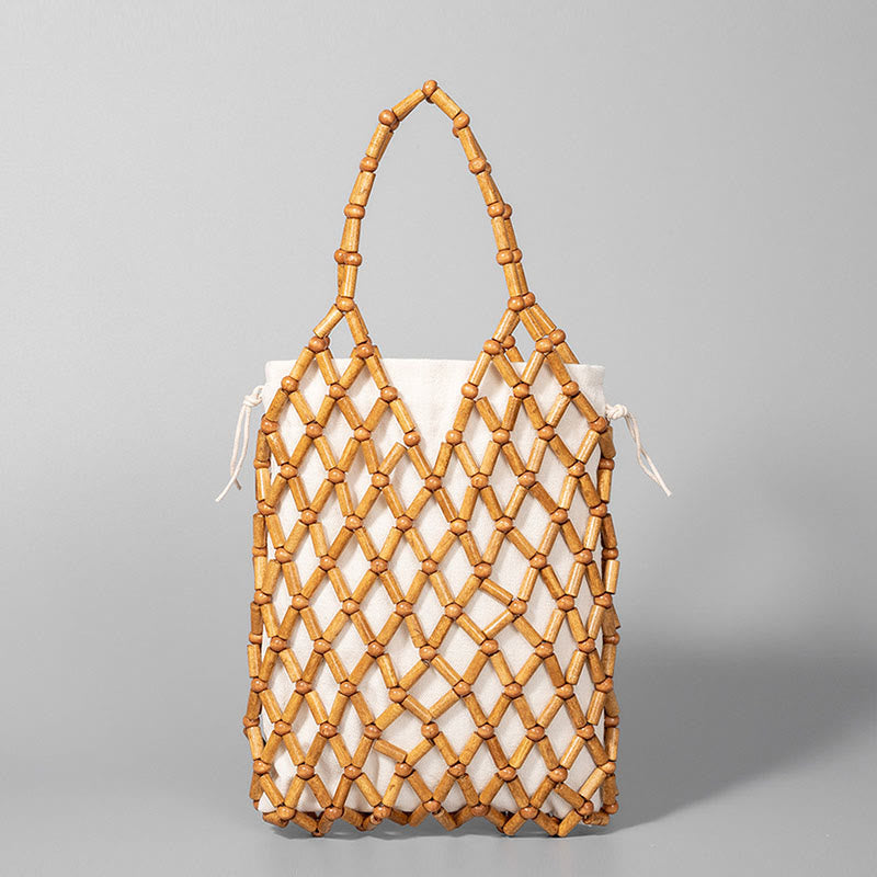 Borsa a mano con perline di legno cave intrecciate a mano in Buddha Stones