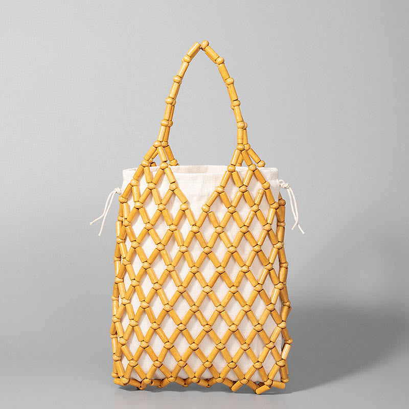 Borsa a mano con perline di legno cave intrecciate a mano in Buddha Stones