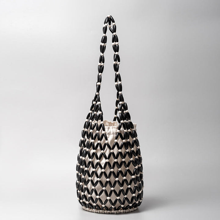 Borsa a tracolla a secchiello con perline di legno intrecciate a mano , Buddha Stones