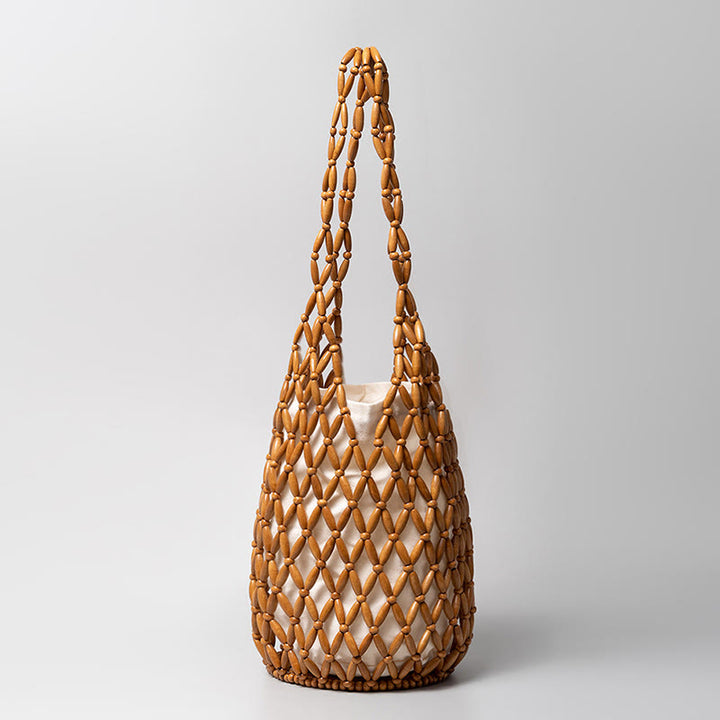 Borsa a tracolla a secchiello con perline di legno intrecciate a mano , Buddha Stones