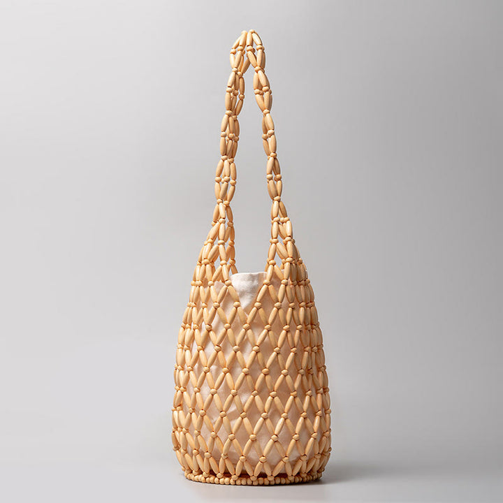 Borsa a tracolla a secchiello con perline di legno intrecciate a mano , Buddha Stones