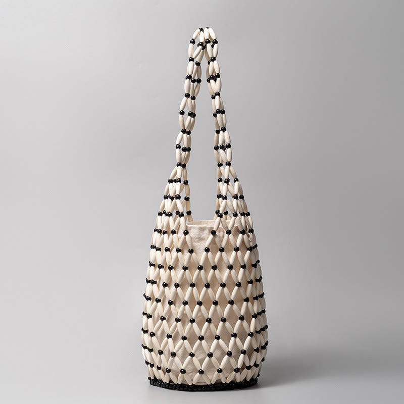 Borsa a tracolla a secchiello con perline di legno intrecciate a mano , Buddha Stones