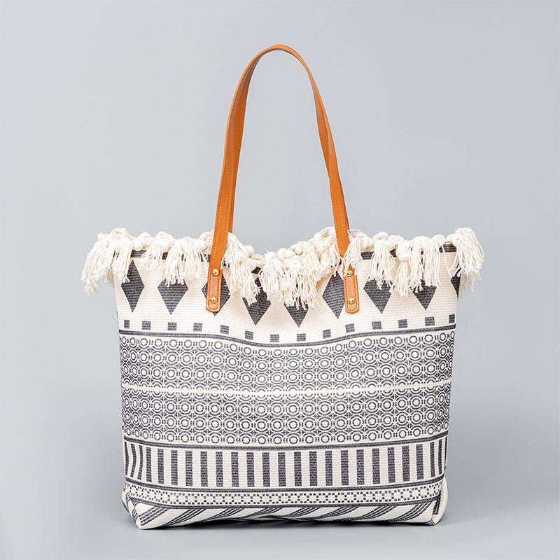 Borsa a tracolla in tela con stampa geometrica Boho di grande capacità e Buddha Stones