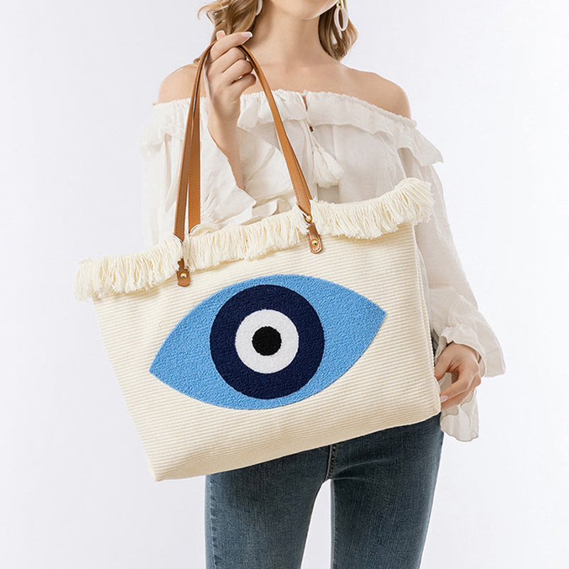 Borsa a tracolla in tela con nappa Hamsa, grande capacità, con foglie di malocchio e Buddha Stones