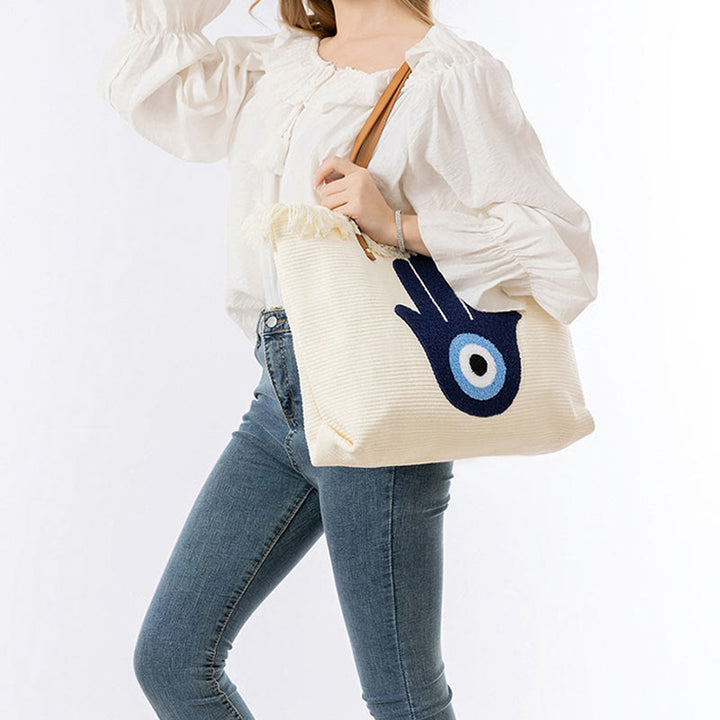 Borsa a tracolla in tela con nappa Hamsa, grande capacità, con foglie di malocchio e Buddha Stones