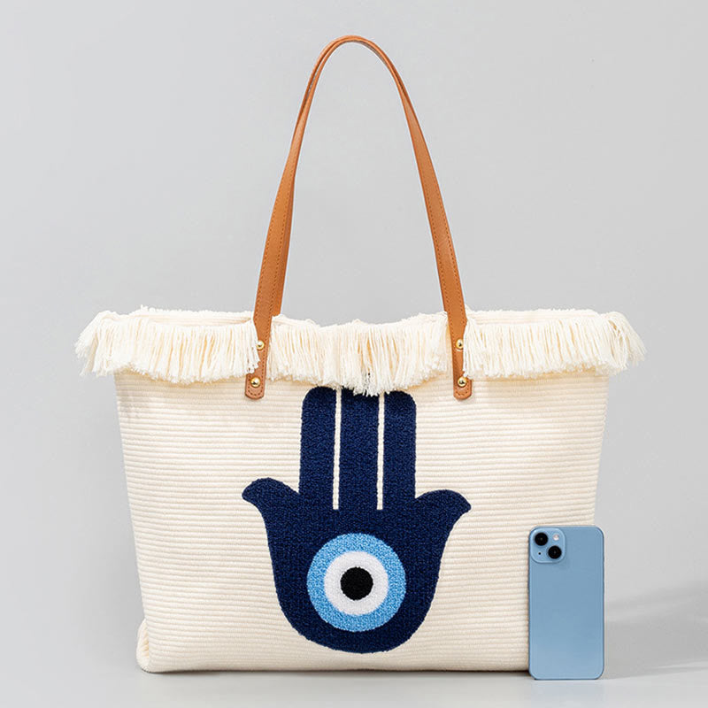 Borsa a tracolla in tela con nappa Hamsa, grande capacità, con foglie di malocchio e Buddha Stones