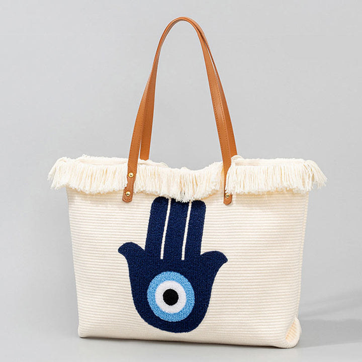Borsa a tracolla in tela con nappa Hamsa, grande capacità, con foglie di malocchio e Buddha Stones