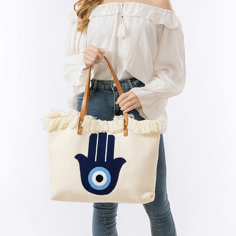 Borsa a tracolla in tela con nappa Hamsa, grande capacità, con foglie di malocchio e Buddha Stones