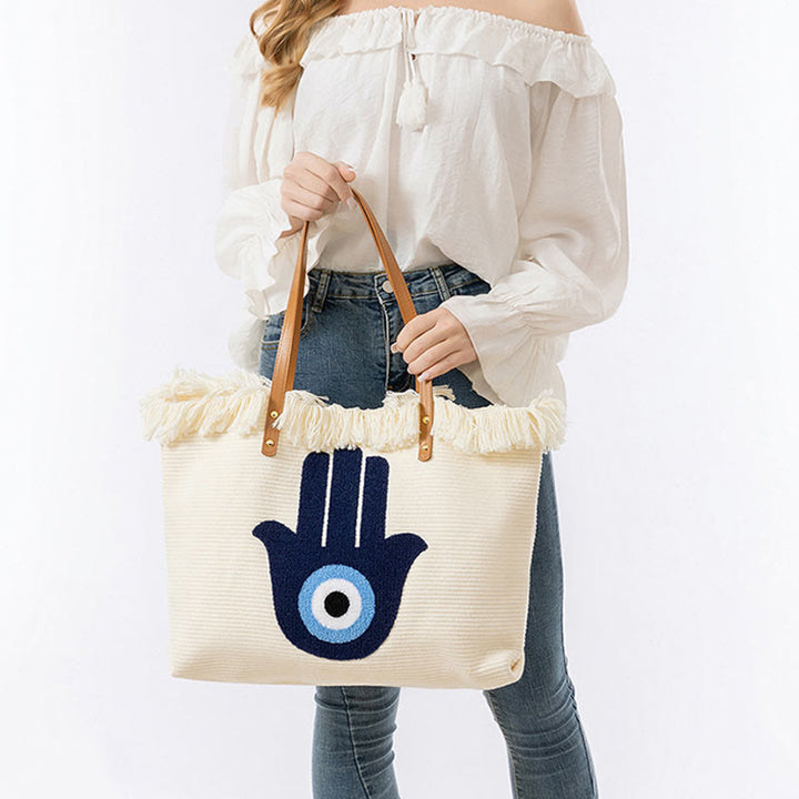 Borsa a tracolla in tela con nappa Hamsa, grande capacità, con foglie di malocchio e Buddha Stones