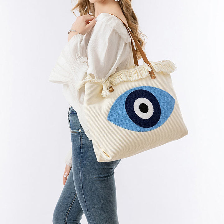 Borsa a tracolla in tela con nappa Hamsa, grande capacità, con foglie di malocchio e Buddha Stones