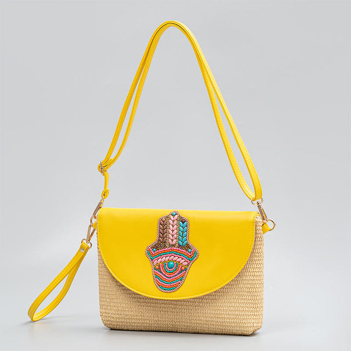 Borsa a tracolla in paglia intrecciata con fiore di elefante, borsa a tracolla, borsa a mano, Buddha Stones