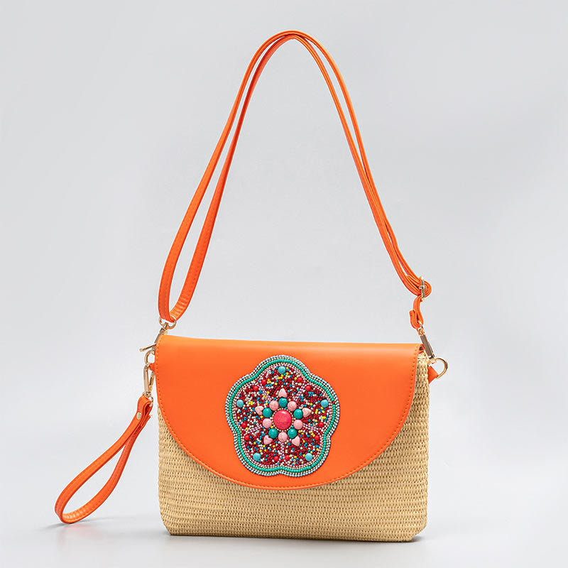 Borsa a tracolla in paglia intrecciata con fiore di elefante, borsa a tracolla, borsa a mano, Buddha Stones