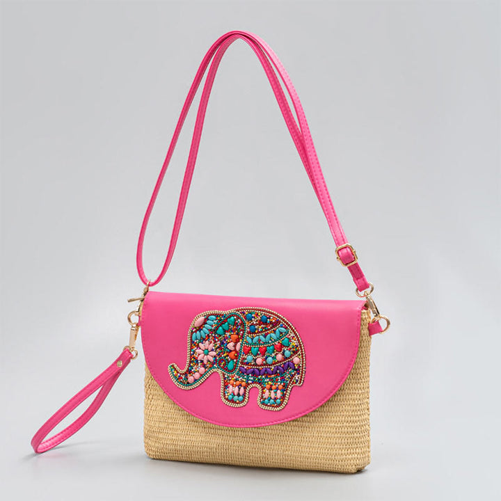 Borsa a tracolla in paglia intrecciata con fiore di elefante, borsa a tracolla, borsa a mano, Buddha Stones