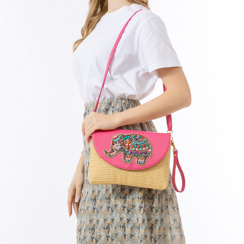 Borsa a tracolla in paglia intrecciata con fiore di elefante, borsa a tracolla, borsa a mano, Buddha Stones