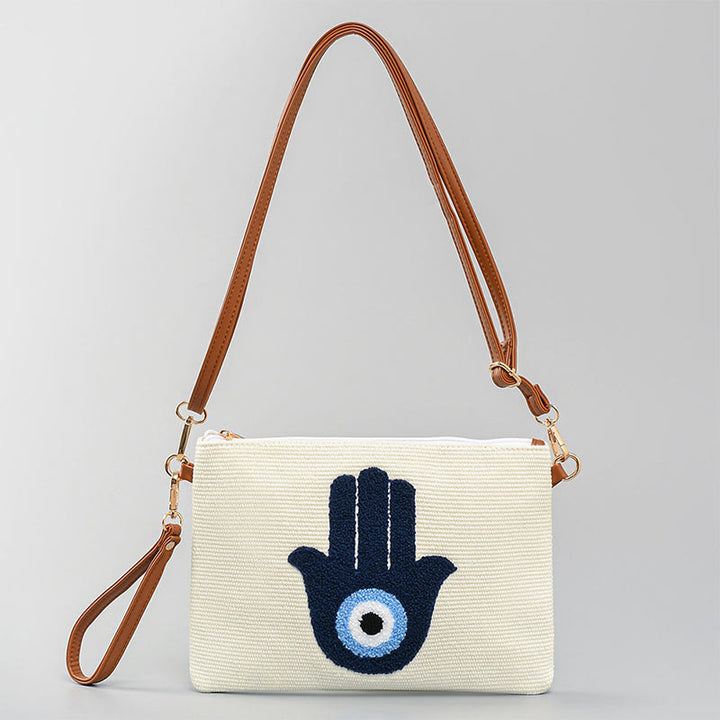 Borsa a tracolla in tela con foglia di Hamsa, con Buddha Stones e occhio maligno