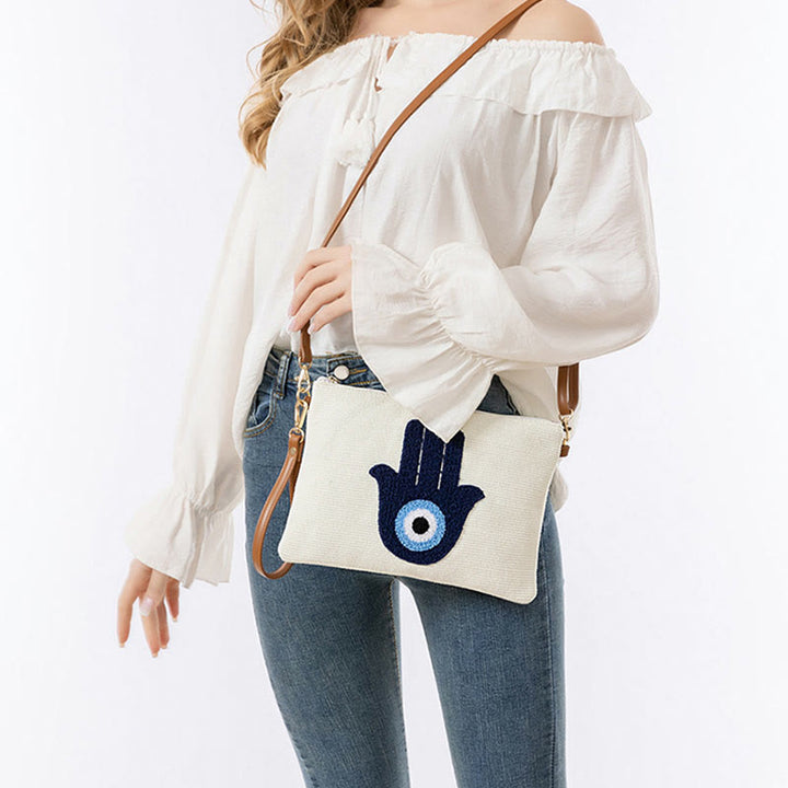 Borsa a tracolla in tela con foglia di Hamsa, con Buddha Stones e occhio maligno