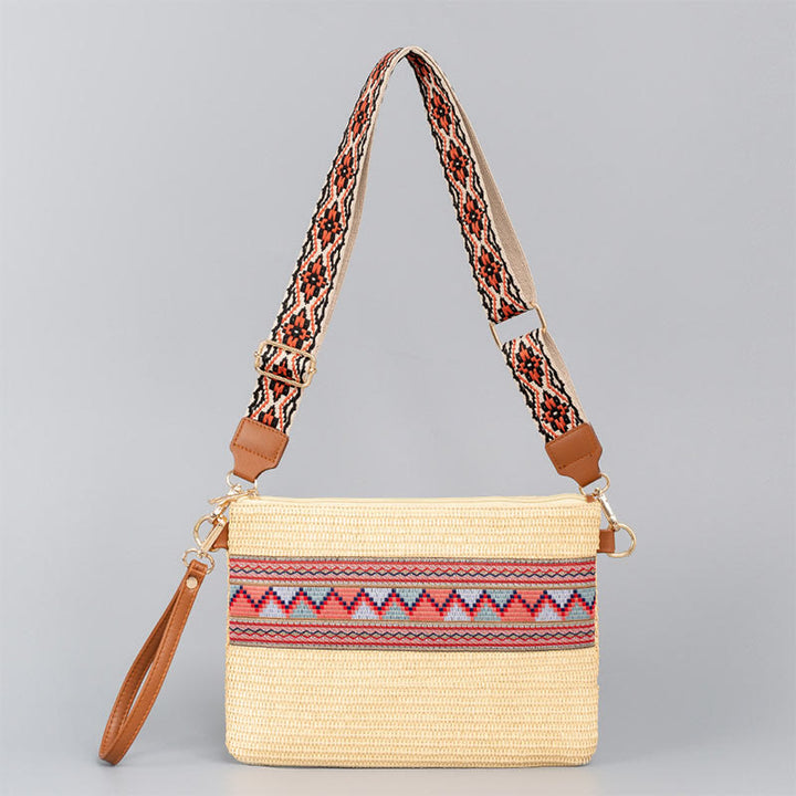 Borsa a tracolla in paglia intrecciata con geometria colorata, motivo Buddha Stones Boho