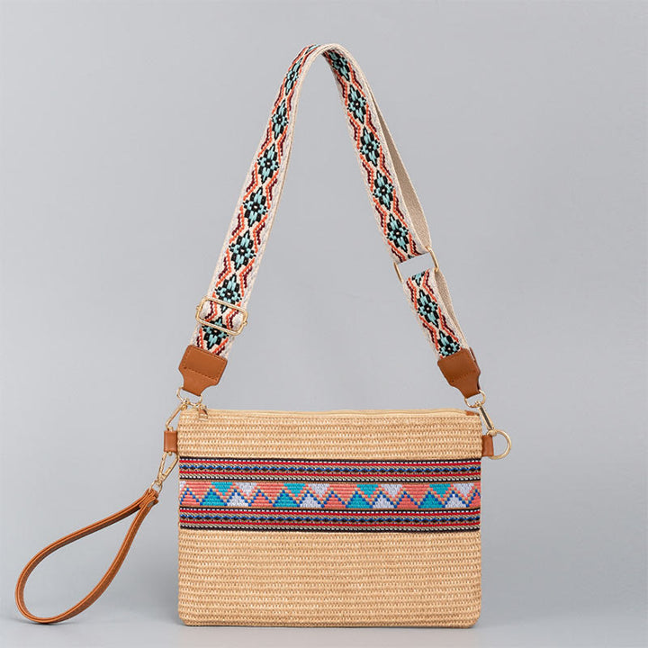 Borsa a tracolla in paglia intrecciata con geometria colorata, motivo Buddha Stones Boho