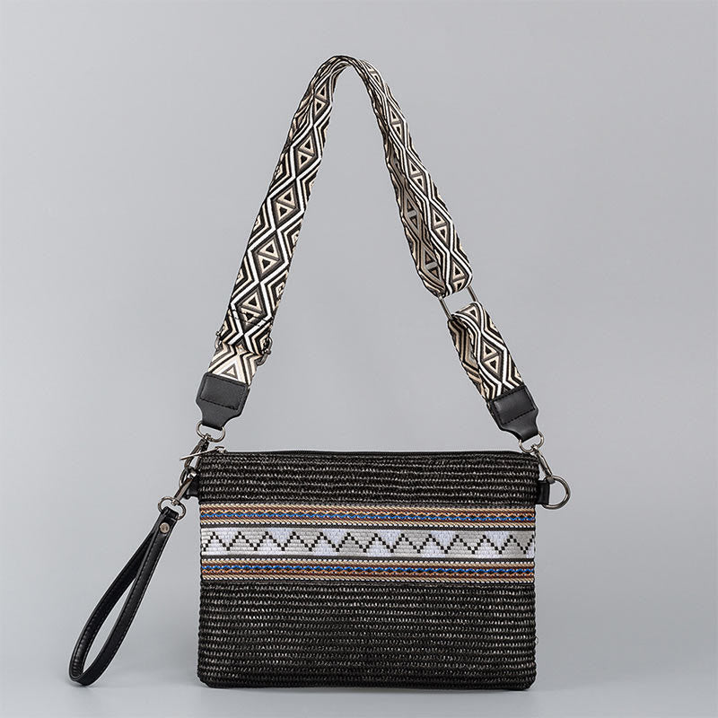 Borsa a tracolla in paglia intrecciata con geometria colorata, motivo Buddha Stones Boho