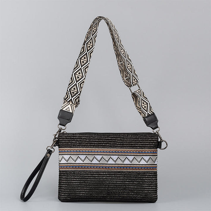 Borsa a tracolla in paglia intrecciata con geometria colorata, motivo Buddha Stones Boho