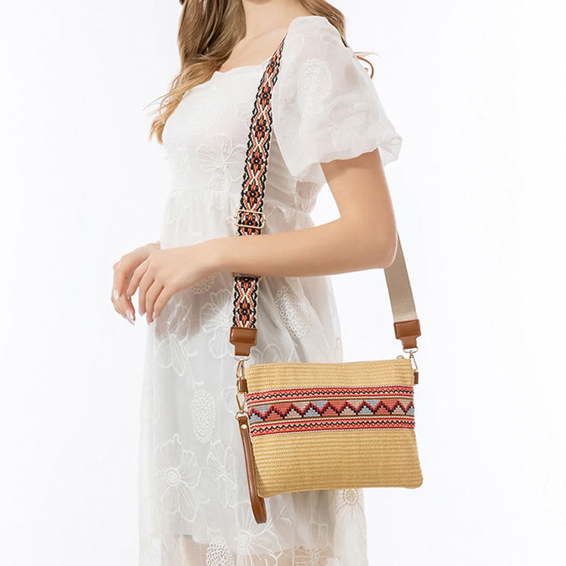 Borsa a tracolla in paglia intrecciata con geometria colorata, motivo Buddha Stones Boho