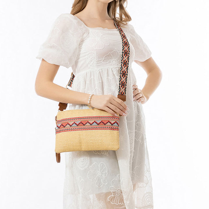 Borsa a tracolla in paglia intrecciata con geometria colorata, motivo Buddha Stones Boho