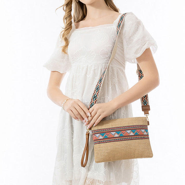 Borsa a tracolla in paglia intrecciata con geometria colorata, motivo Buddha Stones Boho