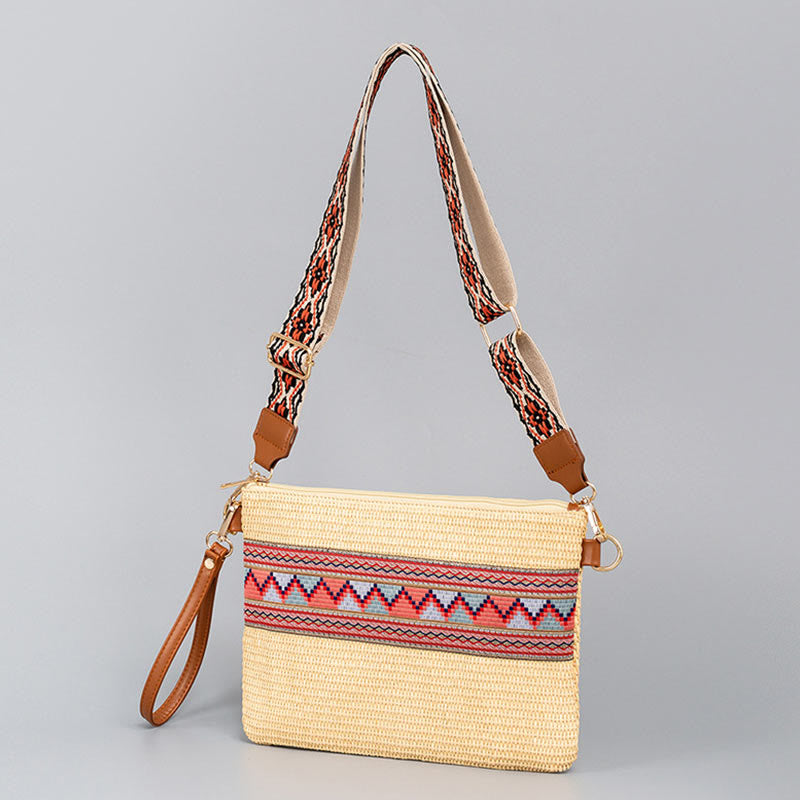 Borsa a tracolla in paglia intrecciata con geometria colorata, motivo Buddha Stones Boho