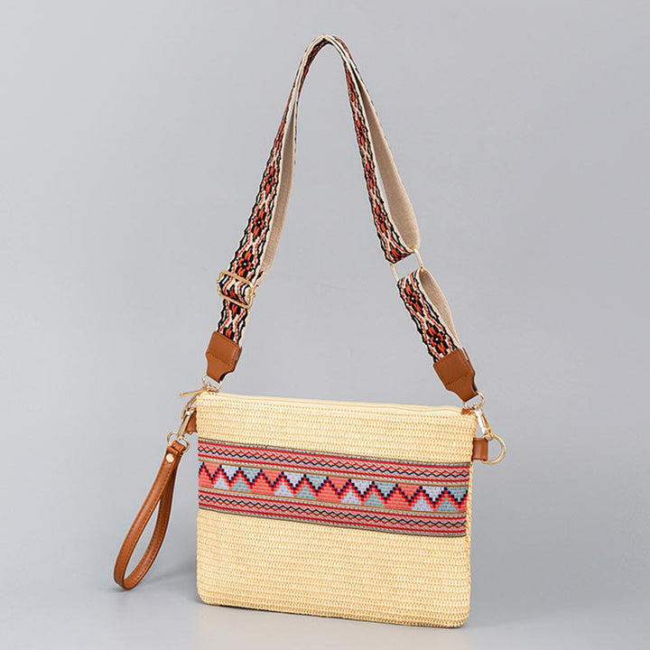 Borsa a tracolla in paglia intrecciata con geometria colorata, motivo Buddha Stones Boho