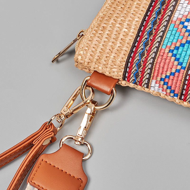Borsa a tracolla in paglia intrecciata con geometria colorata, motivo Buddha Stones Boho