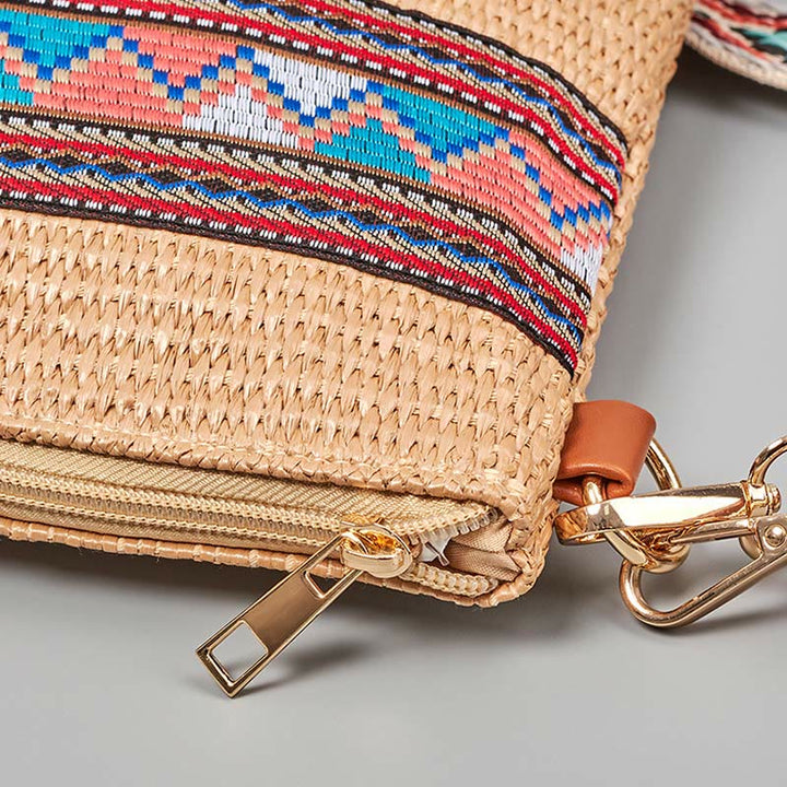 Borsa a tracolla in paglia intrecciata con geometria colorata, motivo Buddha Stones Boho