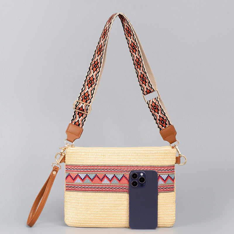 Borsa a tracolla in paglia intrecciata con geometria colorata, motivo Buddha Stones Boho