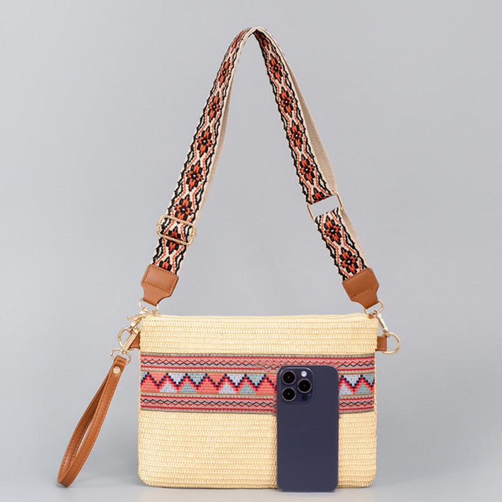 Borsa a tracolla in paglia intrecciata con geometria colorata, motivo Buddha Stones Boho