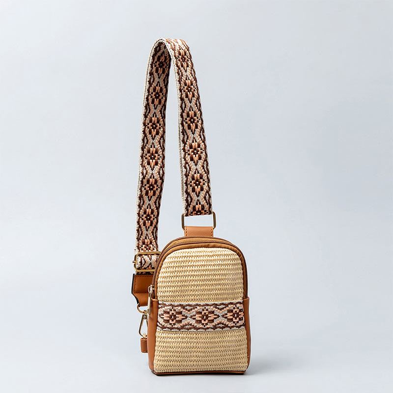 Borsa a tracolla in paglia intrecciata con piccola geometria Buddha Stones
