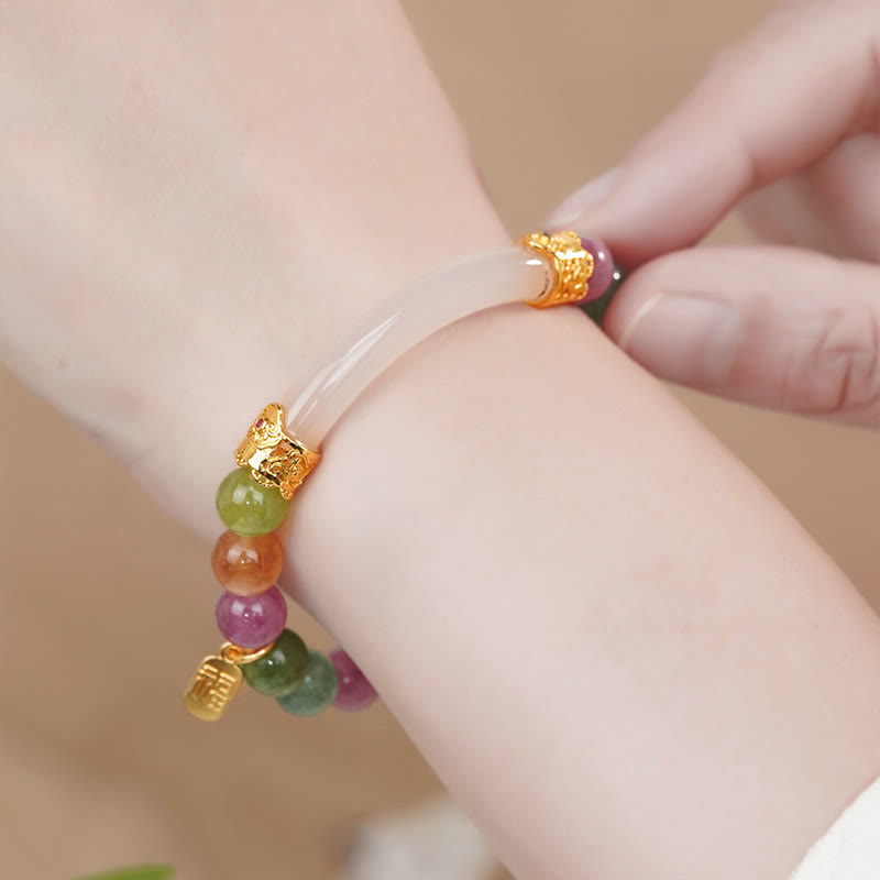 Braccialetto con ciondolo a forma di carattere positivo Fu, tormalina e calcedonio colorati Buddha Stones