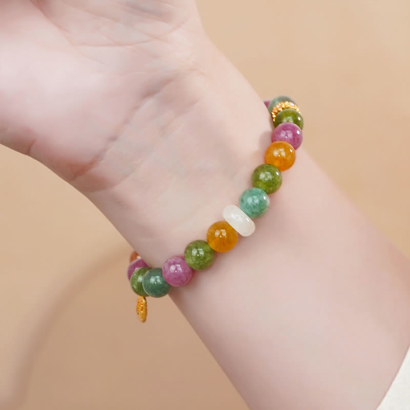 Braccialetto con ciondolo a forma di carattere positivo Fu, tormalina e calcedonio colorati Buddha Stones