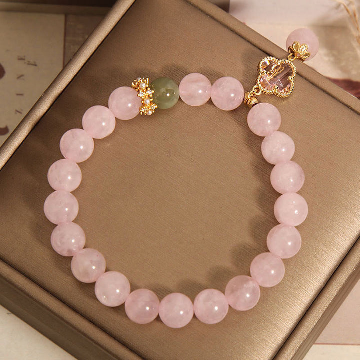Braccialetto rilassante con quadrifoglio a quattro foglie in cristallo rosa naturale Buddha Stones