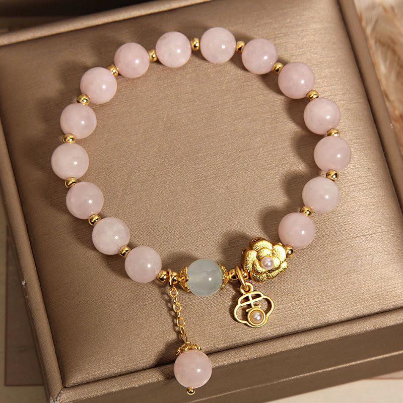 Braccialetto di calore con fiore portafortuna in cristallo rosa naturale Buddha Stones