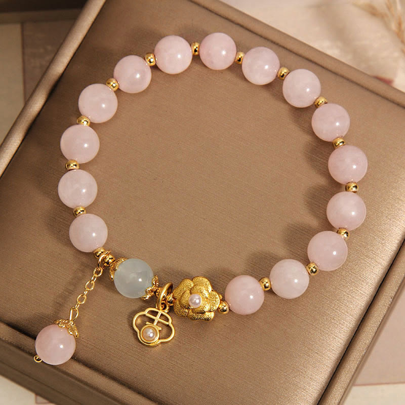Braccialetto di calore con fiore portafortuna in cristallo rosa naturale Buddha Stones