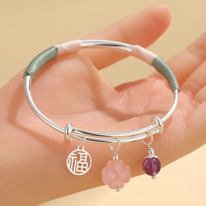 Braccialetto con fibbia della pace in cristallo rosa Buddha Stones Lucky Flower Love