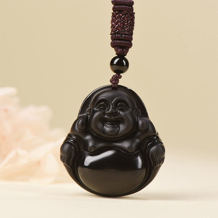 Buddha Stones Ossidiana nera naturale Ossidiana di ghiaccio Buddha che ride Collana pendente di purificazione